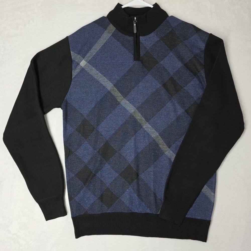 Vtg Studio By Omega 1/4 Zip Mock Collar Sweater Mens Size L EUC Black Blue